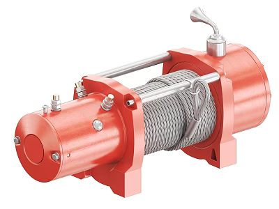 Red Industrial Winch Equipment Featuring Steel Cable And Metal Frame Handle 3d model