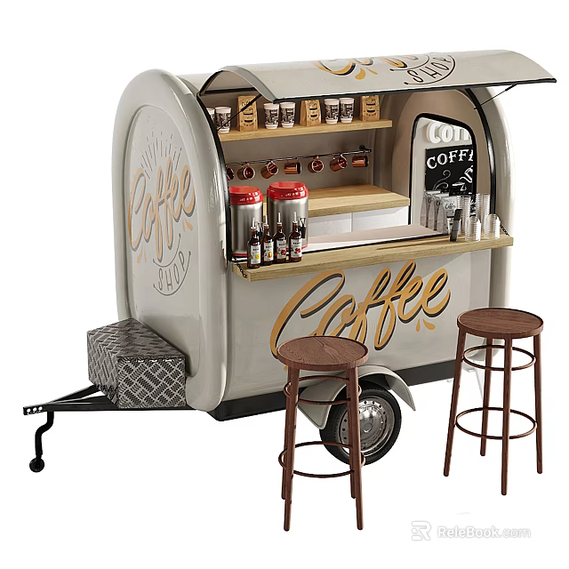 Mobile Coffee Cart With Beverage Display Shelves And Wooden Stools For Outdoor Service 3d model 
