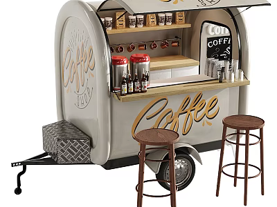 Mobile Coffee Cart With Beverage Display Shelves And Wooden Stools For Outdoor Service 3d model