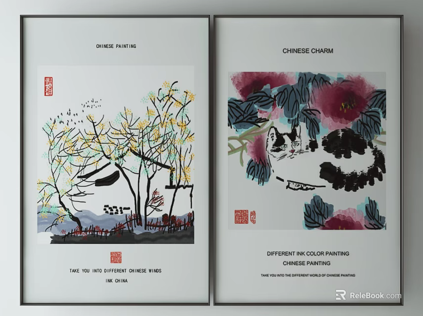 Different Color Chinese Paintings With Trees House Mountain Flower And Animal 3d model 