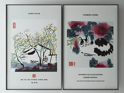 Different Color Chinese Paintings With Trees House Mountain Flower And Animal 3d model