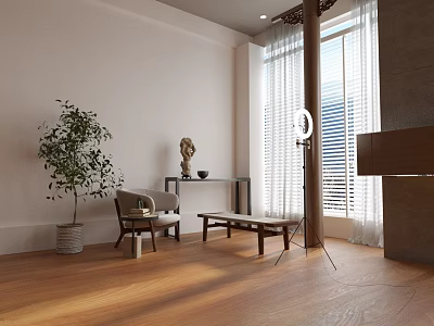 Furniture Showroom Interior With Natural Light Wooden Floor Chair Table And Green Plant 3d model