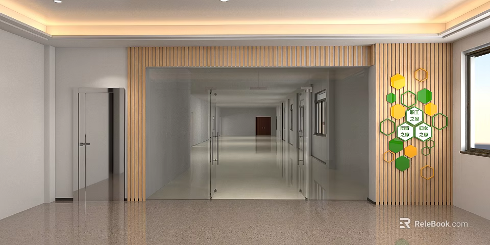 Modern Reception Area Interior Design With Glass Doors Wooden Panels And Geometric Decor 3d model 