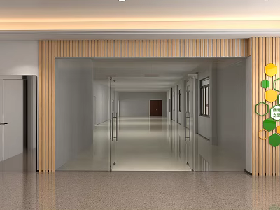 Modern Reception Area Interior Design With Glass Doors Wooden Panels And Geometric Decor 3d model
