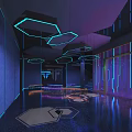 Modern Bar Interior Design With Neon Lights Geometric Decorations Bar Counter And Dark Background