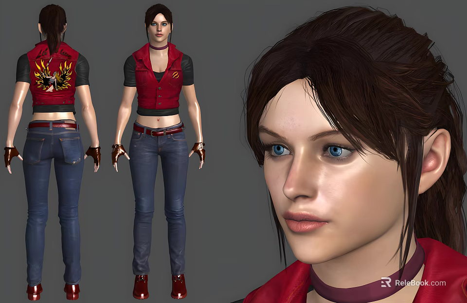 Woman In Red Vest With Black Short Sleeves Blue Jeans Red Shoes And Brown Ponytail 3d model 