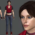 Woman In Red Vest With Black Short Sleeves Blue Jeans Red Shoes And Brown Ponytail