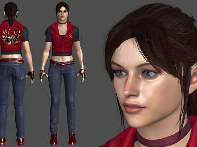 Woman In Red Vest With Black Short Sleeves Blue Jeans Red Shoes And Brown Ponytail 3d model