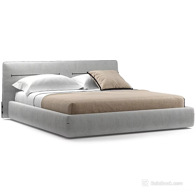 Modern Double Bed With Gray Headboard Brown Mattress And Pillows 3d model