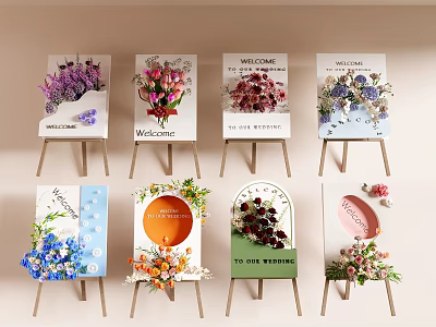 Elegant Wooden Flower Stands With Colorful Floral Arrangements And Welcome Signs 3d model