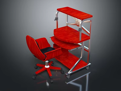 Red Office Desk with Multi Layer Shelves Metal Frame and Red Chair Black Cushion Wheels 3d model