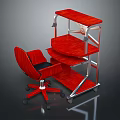 Red Office Desk with Multi Layer Shelves Metal Frame and Red Chair Black Cushion Wheels