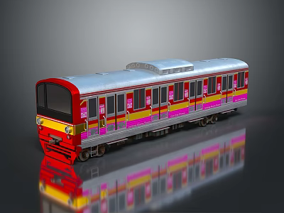 Colorful Red Silver Pink Yellow Striped Train Model With Windows And Reflection 3d model