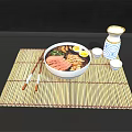 Bowl of Ramen with Pork Slices Soft Boiled Eggs Scallions Chopsticks on Bamboo Mat