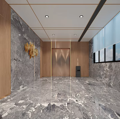 Modern Elevator Lobby With Marble Surfaces Wooden Panels Golden Door And Ceiling Lights 3d model