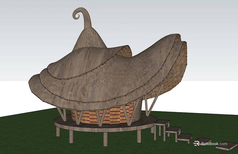 Boutique Guesthouse Building with Unique Thatched Roof Design Wooden Base and Grassland Stairs 3d model 