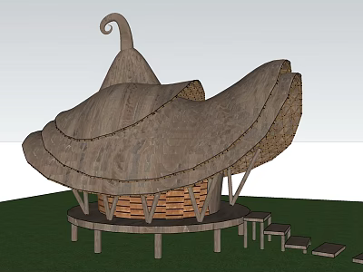 Boutique Guesthouse Building with Unique Thatched Roof Design Wooden Base and Grassland Stairs 3d model