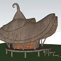 Boutique Guesthouse Building with Unique Thatched Roof Design Wooden Base and Grassland Stairs