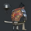 Game Movie Character With Metallic Prosthetic Arms Shirtless Torso Beaded Necklace Metal Helmet Samurai Sword Sitting