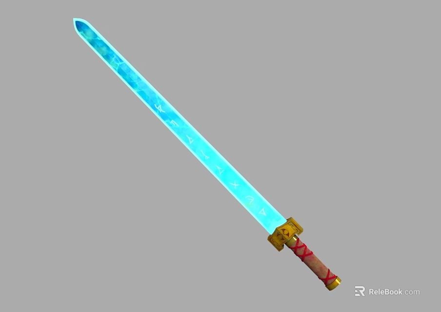 Glowing Blue Fantasy Sword With Red And Gold Ornate Hilt Design 3d model 