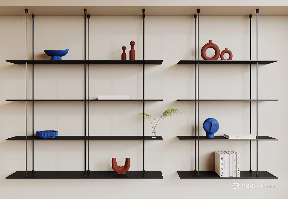 Black Wall Shelves With Decorative Vases Books And Small Plant In Modern Room 3d model 