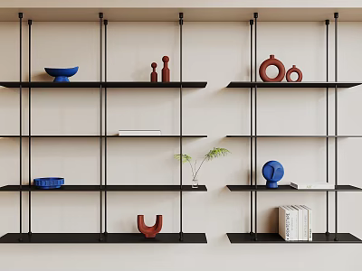 Black Wall Shelves With Decorative Vases Books And Small Plant In Modern Room 3d model
