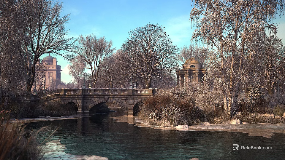 Winter Park Scenic View With Stone Bridge Over Frozen River And Snow Covered Trees 3d model 