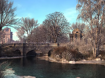 Winter Park Scenic View With Stone Bridge Over Frozen River And Snow Covered Trees 3d model