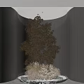 Elegant Indoor Landscape Design With Golden Tree Surrounding Plants Wooden Walls And Ceiling Circular Lighting