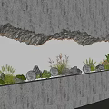 Modern Interior Landscape With Gray Wall Wavy Rock Decoration Lighting Green Plants And Round Lamps