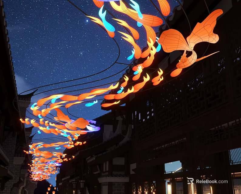 Colorful Butterfly Lanterns Hanging Over Traditional Architecture Night View Photo Spot 3d model 