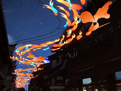 Colorful Butterfly Lanterns Hanging Over Traditional Architecture Night View Photo Spot 3d model