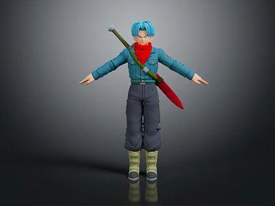 Game And Movie Character With Blue Hair Red Scarf Blue Jacket And Red Sword 3d model