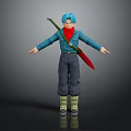 Game And Movie Character With Blue Hair Red Scarf Blue Jacket And Red Sword