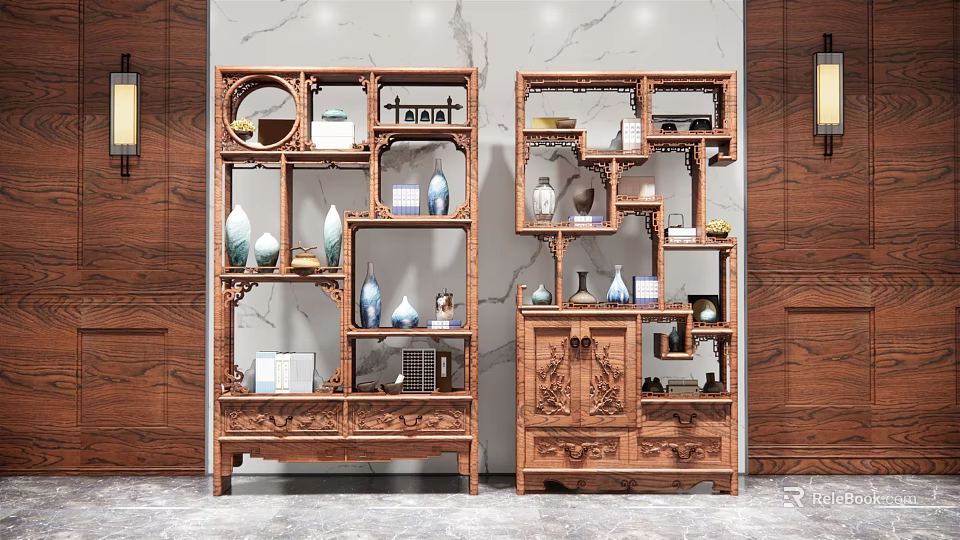 Chinese Wooden Multi Tiered Antique Curio Shelf With Carved Patterns And Decorative Vases 3d model 