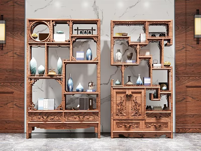 Chinese Wooden Multi Tiered Antique Curio Shelf With Carved Patterns And Decorative Vases 3d model
