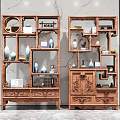 Chinese Wooden Multi Tiered Antique Curio Shelf With Carved Patterns And Decorative Vases