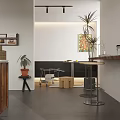 Modern Restaurant Interior With Tables Chairs Bar Stools Plants And Pendant Lights