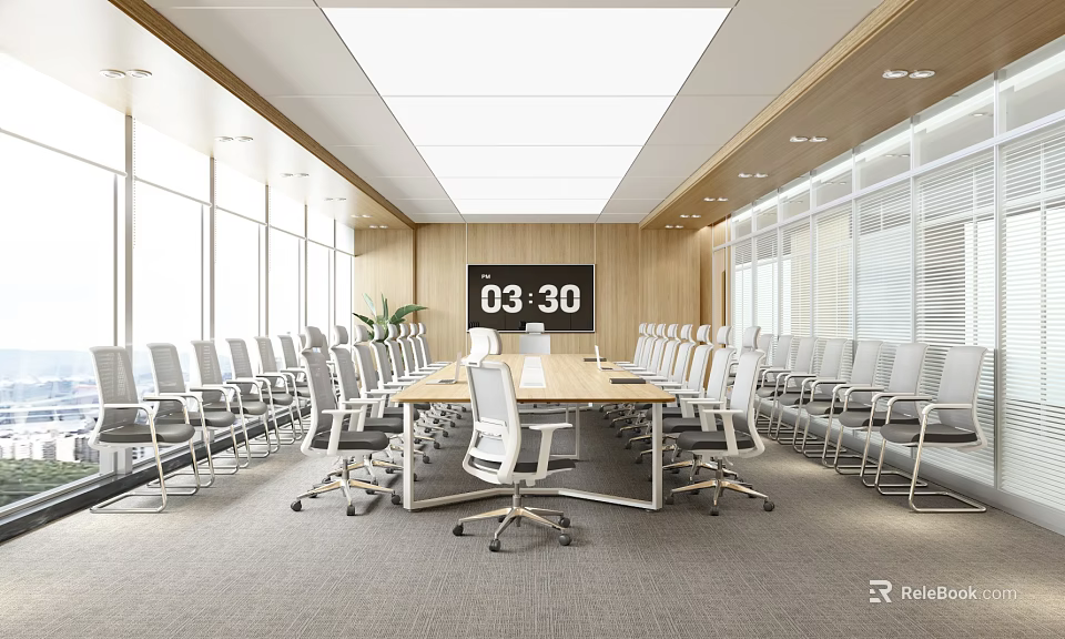 Modern Conference Room With Long Meeting Table White Office Chairs Wooden Backdrop And Large Windows 3d model 