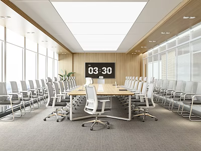 Modern Conference Room With Long Meeting Table White Office Chairs Wooden Backdrop And Large Windows 3d model