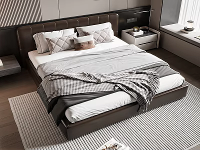 Modern Double Bed Interior With Brown Headboard Gray And White Bedding Nightstand And Striped Rug 3d model