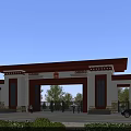 Traditional Entrance Gate Design With Red Roof White Pillars Red Decorative Emblem And Green Plants