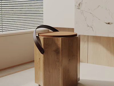 Minimalist Modern Wooden Side Table With Round Top Octagonal Body And Leather Handle 3d model