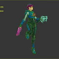 Game Movie Character In Futuristic Blue Armor Holding Weapons In Dynamic Action Pose