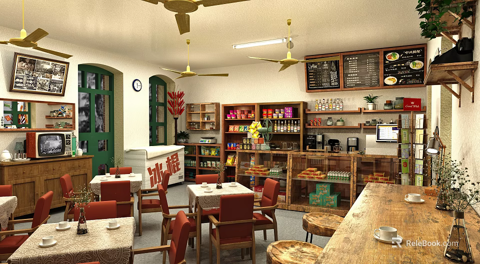 Vintage Nostalgic Local Cafe Shop With Cozy Dining Seats And Well Arranged Product Display Shelves 3d model 