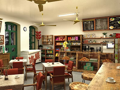 Vintage Nostalgic Local Cafe Shop With Cozy Dining Seats And Well Arranged Product Display Shelves 3d model