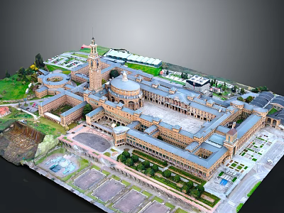Cartoon Scenery Featuring Large Building Complex With Tower Dome Courtyard Green Space And Parking Lot 3d model