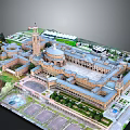 Cartoon Scenery Featuring Large Building Complex With Tower Dome Courtyard Green Space And Parking Lot
