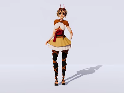 Game Movie Character With Brown Hair Horns Yellow Dress Red Sash And Black Strapped Stockings 3d model