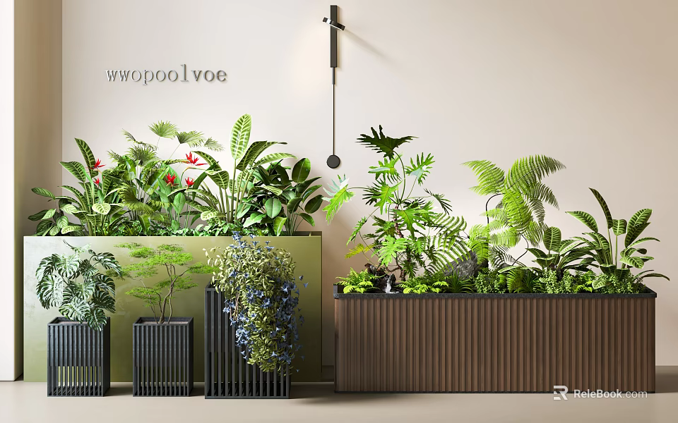 Potted Bonsai Plants Indoor Decor With Various Green Ferns And Flowering Plants In Stylish Planters 3d model 